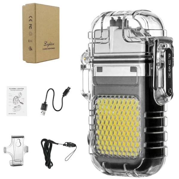 Isqueiro Elétrico Recarregável USB Portátil com Luz LED para Viagem, Acampamento e Emergência