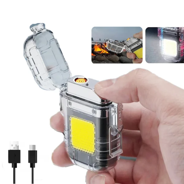 Isqueiro Elétrico Recarregável via USB Portátil com Luz LED Ideal para Viagens Acampamentos e Situações de Emergência