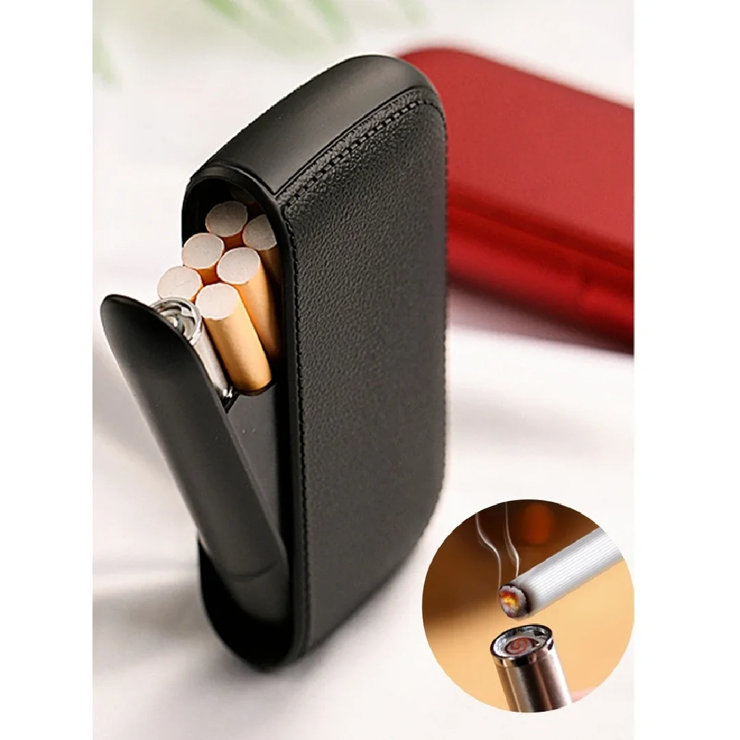 Novo Estojo de Cigarros em Couro Sintético com Isqueiro Eletrônico USB de Tungstênio, Estojo de Cigarros, Presente Exquisito para Homens, Ferramenta para Cigarros - Imagem 1