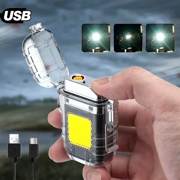 Isqueiro Elétrico Recarregável USB Portátil com Luz LED para Viagem, Acampamento e Emergência